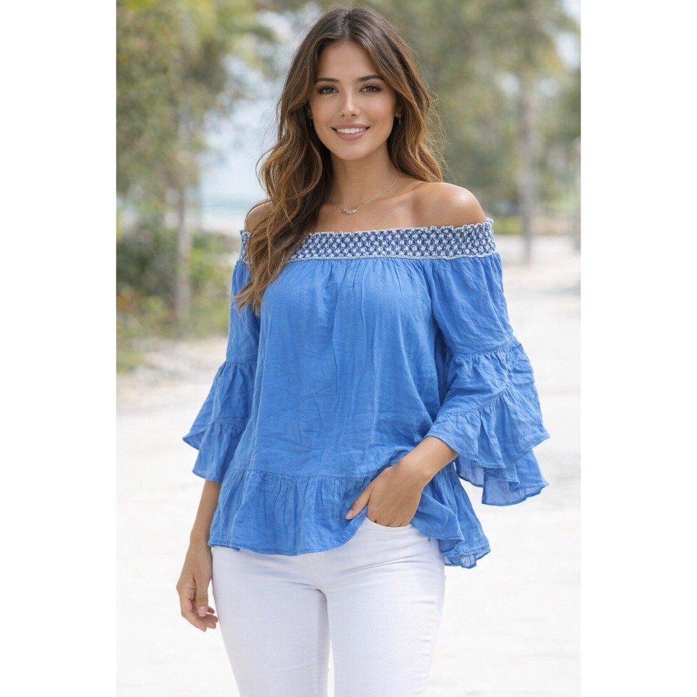 Hayden LA Dusty Blue Off Shoulder Bell Sleeve Blouse Size M NWT Coastal Summer